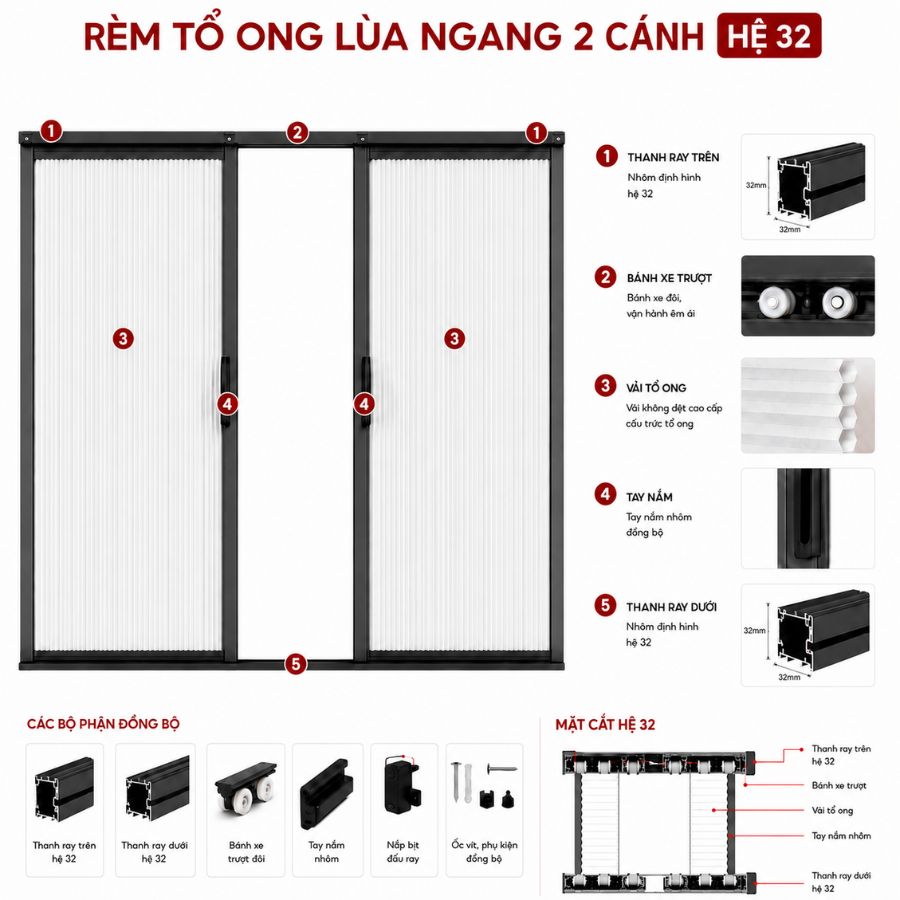 Rèm Tổ Ong Lùa Ngang 2 Cánh Hệ 32