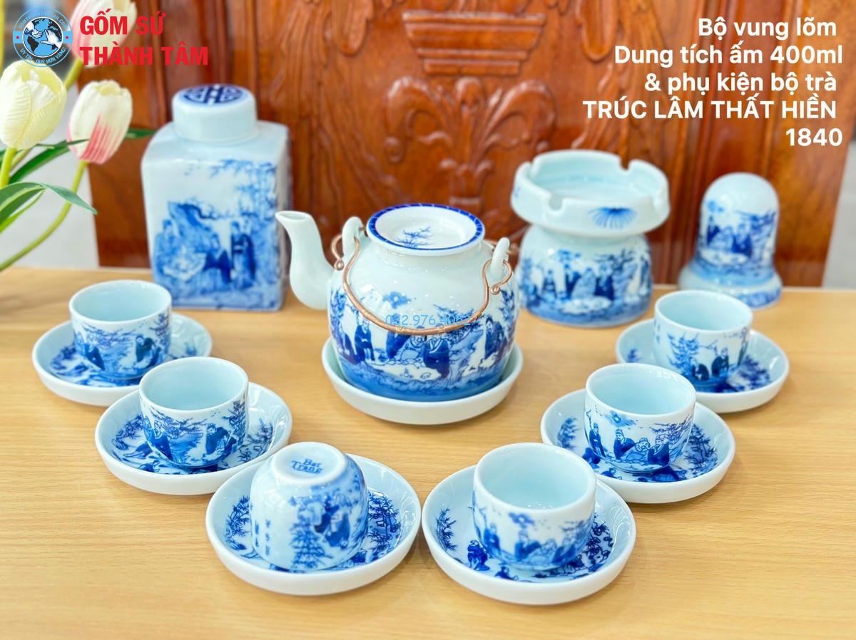 Ấm Chén Men Lam Trơn | Vung Lõm