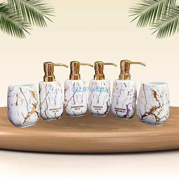 Bình đựng sữa tắm vân đá trắng Bình đựng sữa tắm đá vân trắng mạ vàng