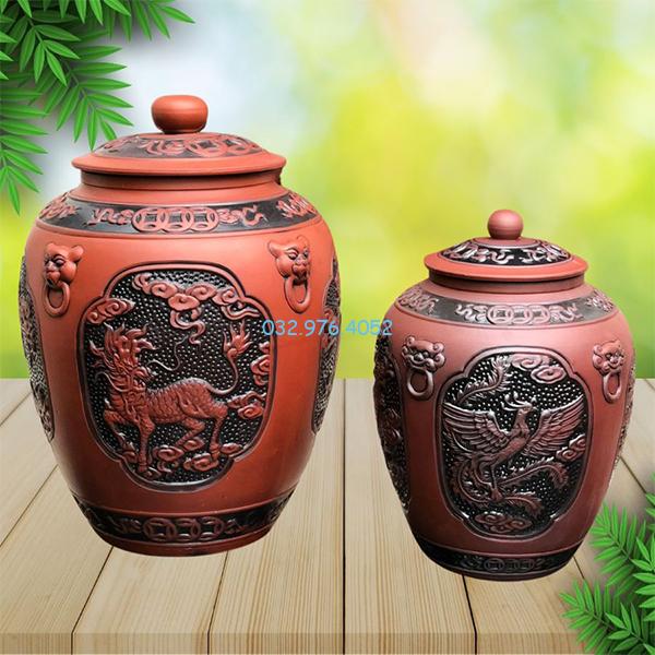 Chum Đựng Gạo Tứ Linh Nắp Cao