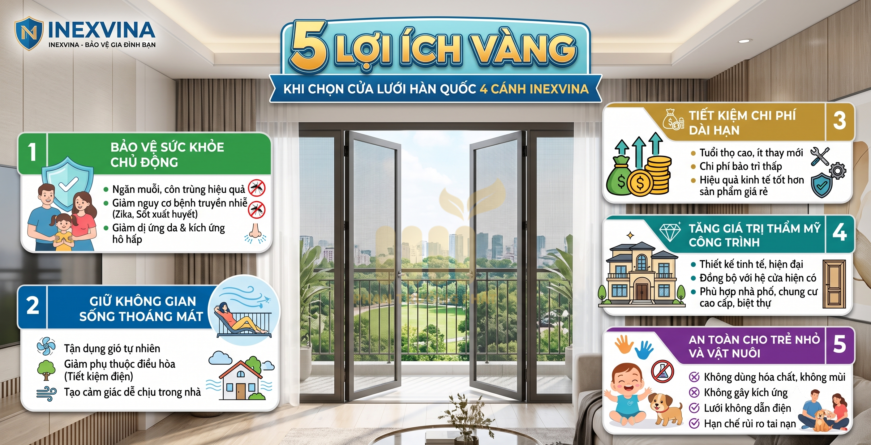 Lợi ích nổi bật khi lựa chọn cửa lưới cuốn Hàn Quốc 4 cạnh INEXVINA