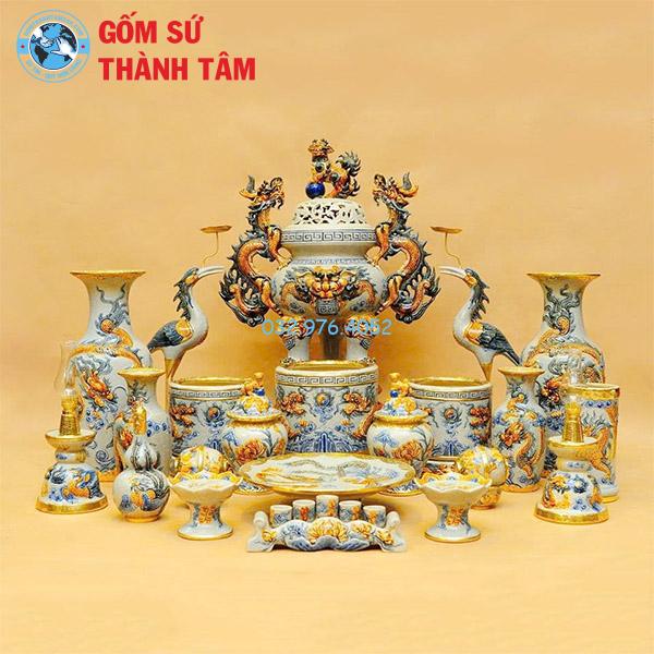 Đồ thờ men rạn tổng thể rồng bát hương có đỉnh hạc