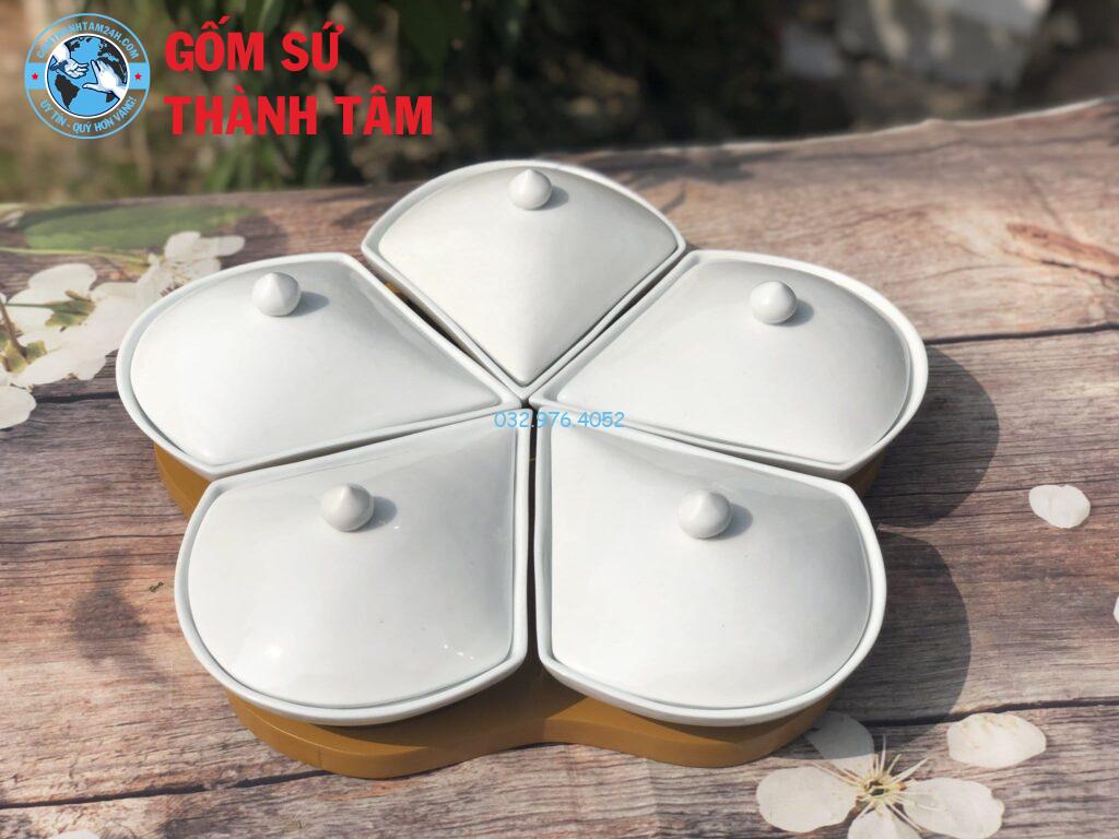 Khay đựng mứt kẹo hoa mai nắp sứ khay gỗ Khay đựng mứt kẹo hoa mai nắp sứ khay gỗ