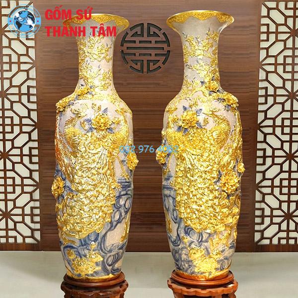 Lọ lục bình bọc đồng dát vàng chim công phú quý