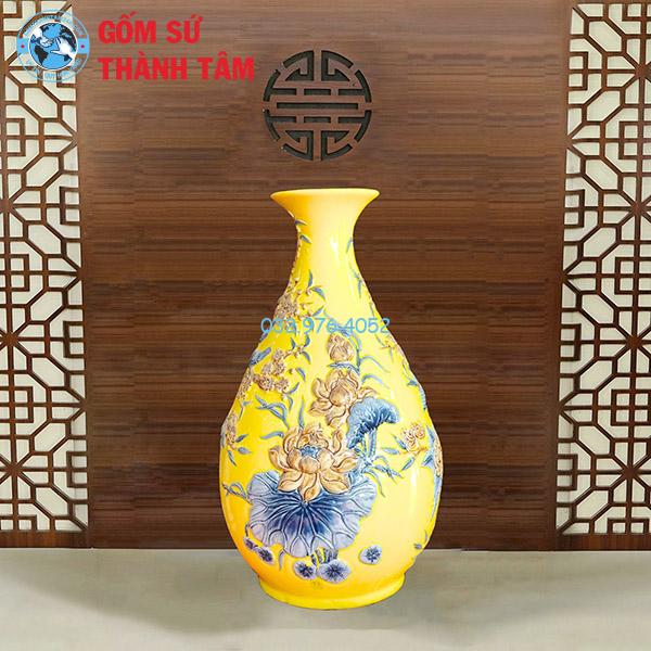 Lục Bình Tỳ Bà Đắp Nổi Men Trắng Vẽ 24K Cao Cấp
