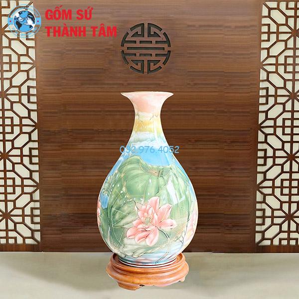 Lục Bình Tỳ Bà Đắp Nổi Men Trắng Vẽ 24K Cao Cấp