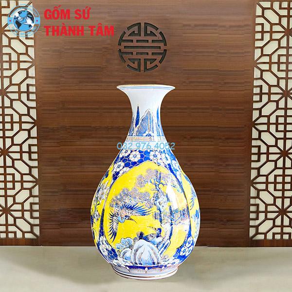 Lục Bình Tỳ Bà Đắp Nổi Men Trắng Vẽ 24K Cao Cấp