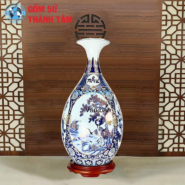 Lục Bình Tỳ Bà Đắp Nổi Men Trắng Vẽ 24K Cao Cấp